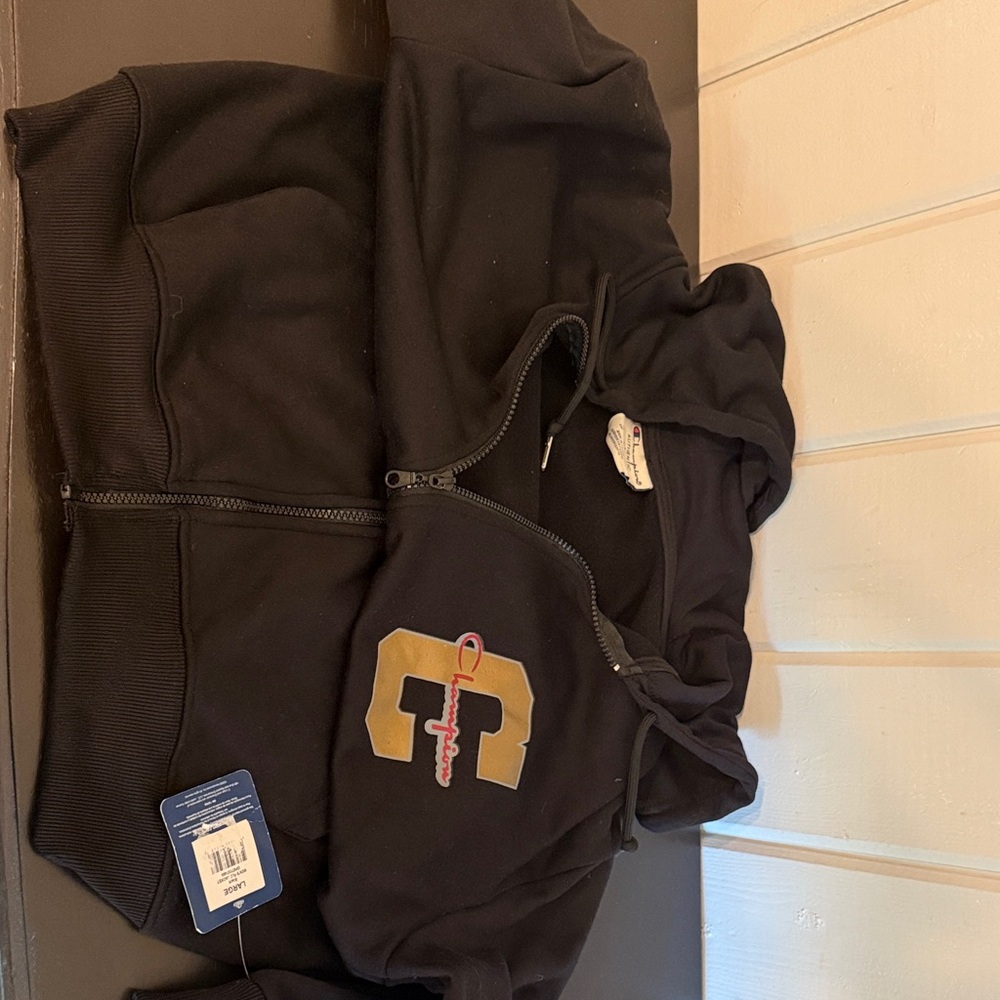 Champion Black Zip Up Hoodie with Gold and Red Logo